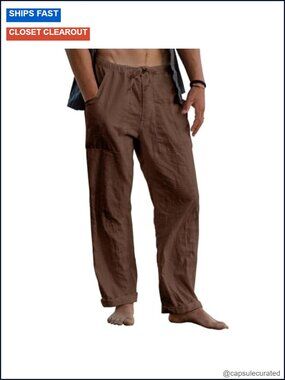 Mens Linen Pants Elastic Waist Drawstring Loose Fit Casual Summer Beach Pants